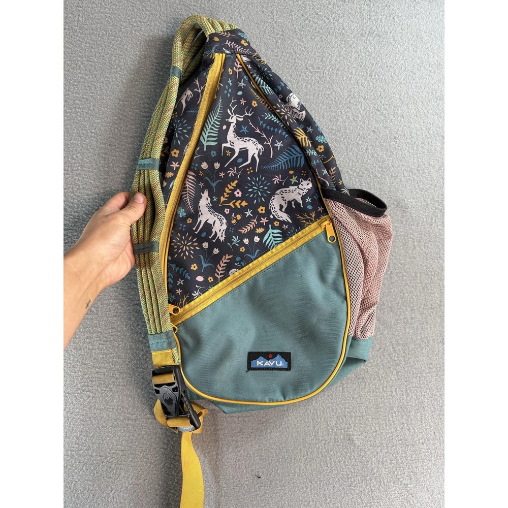 KAVU Green 20in Rope Sling Backpack Nature Print Water Bottle Pocket